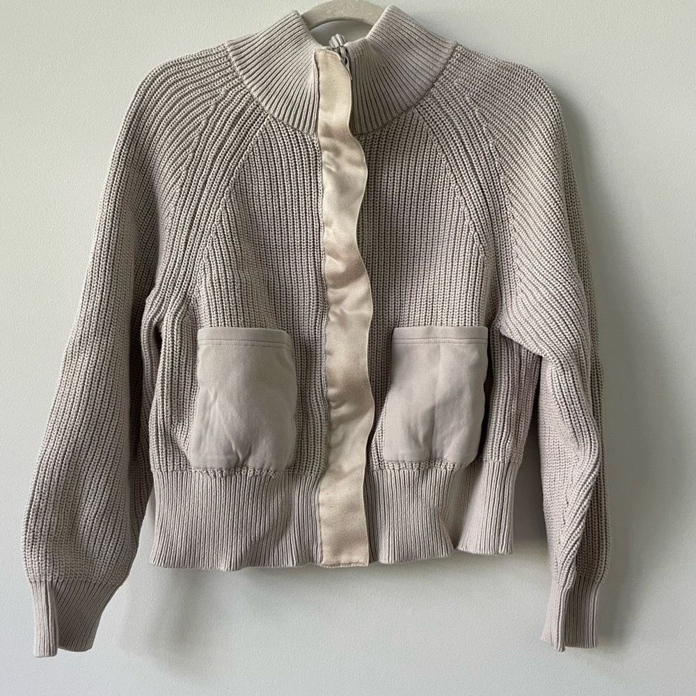Varley Women's Mock Neck Ribbed Full Zip Knitted Long Sleeve Tan Sweater Size M